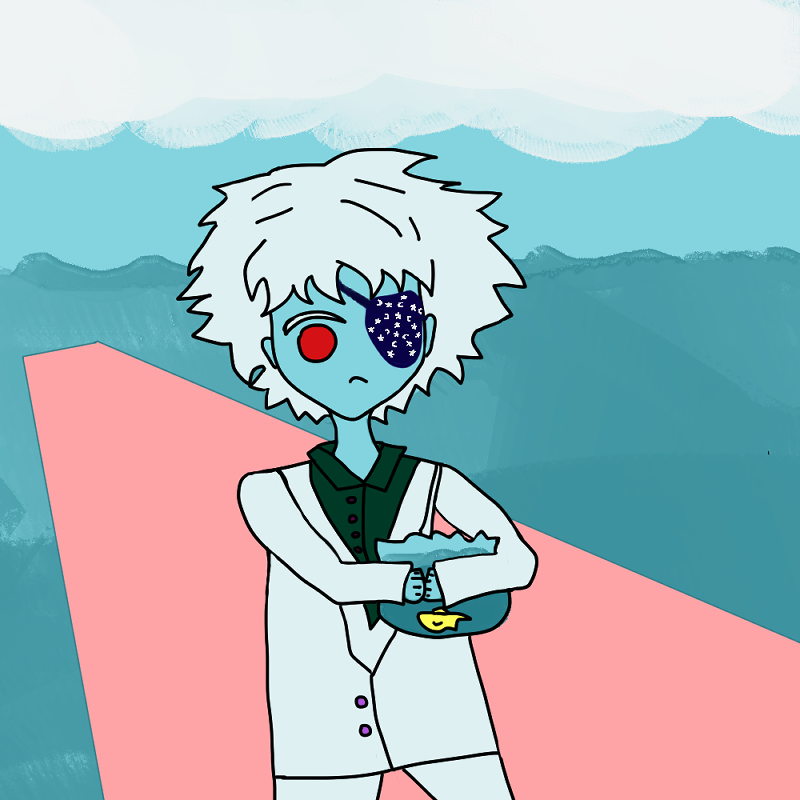 layla who is sky blue like the skies behind her looking stylized with big eyes; her hair is white and her eyepatch is an implied black but midnight blue with stars and moons. she has one red eye staring down at a fish in a glass bowl with a frown. she wears a white suit with a green shirt underneath with marron buttons. there are white clouds above and seas below and layla is standing on a deck that's salmon pink for stylistic effect.